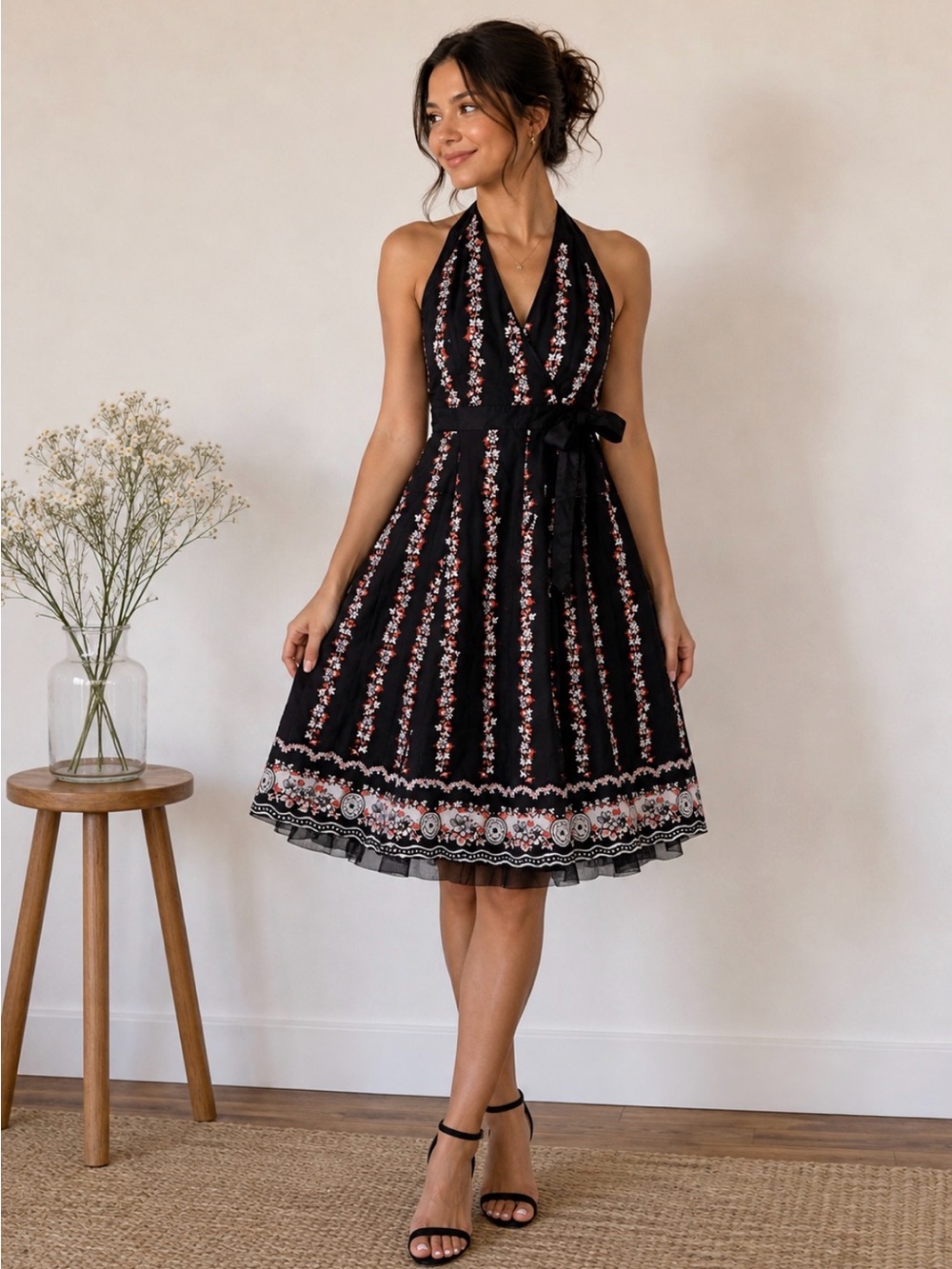 b. young Y2k Black floral Halter Midi Dress with Waist Tie and Tull Lining, S